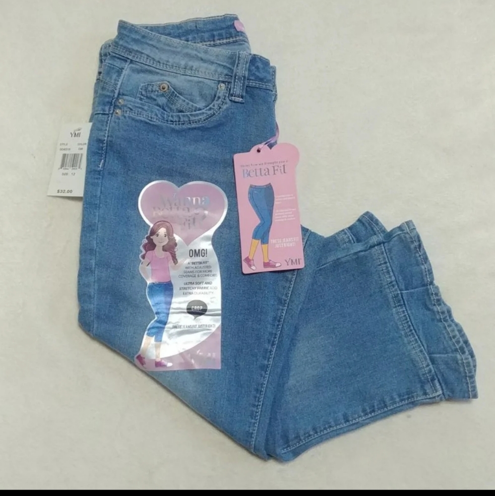 NEW Crop Jeans YMI 12 comfy ruffle blue 99% cotton